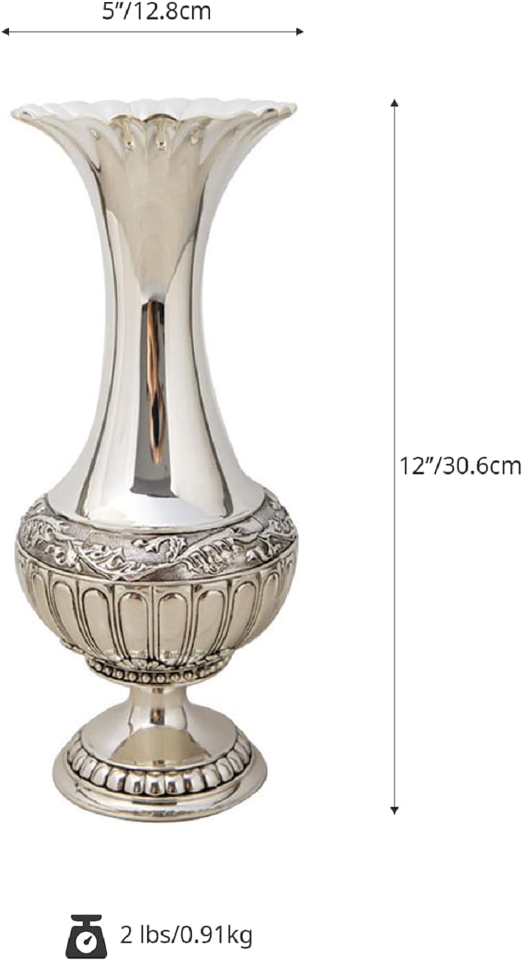 Decorative Vase, Elegant Metal Vase with Silver Finish for Artificial & Dried Flowers, Modern Table Centerpiece for Home & Weddings, 12''/30.6cm Tall