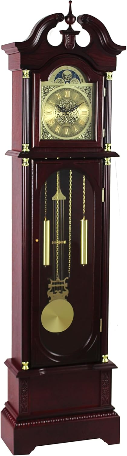 Traditional Floor Standing Grandfather Clock, 72 Inch, Cherry Finish, Metal Moon Dial, Westminster Chime, 71.6" H x 19.2" W x 8.6" D, Battery Powered