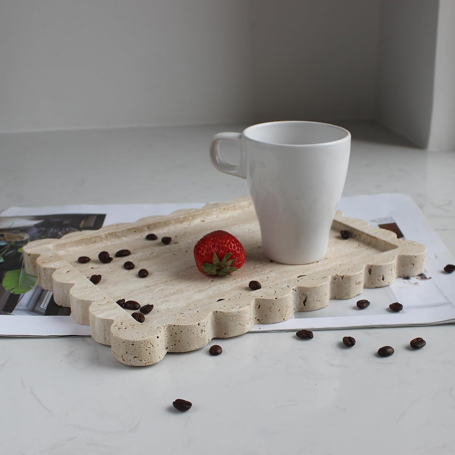 Natural Luxury Scalloped Marble Tray 10.8"x8", Rectangle Vanity Tray for Bathroom Kitchen Counter, Decorative Tray for Dresser Home Decor (calacutta Purple)