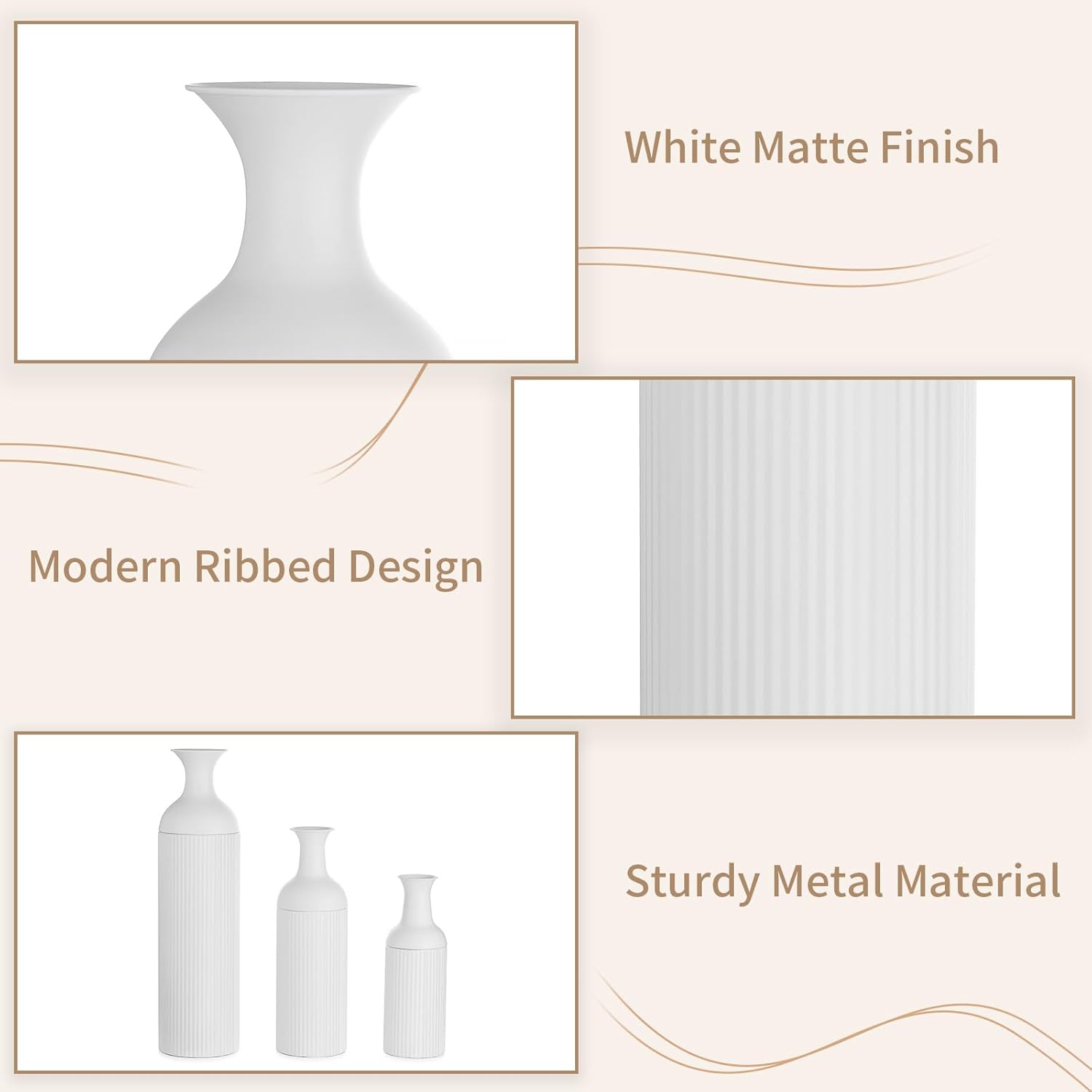 Sziqiqi White Tall Floor Vase: Large Ribbed Metal Vases 27/20/16in for Living Room, Modern for Pampas Grass, Oversized Standing Vase for Fireplace, Home Corner, Hallway, Office