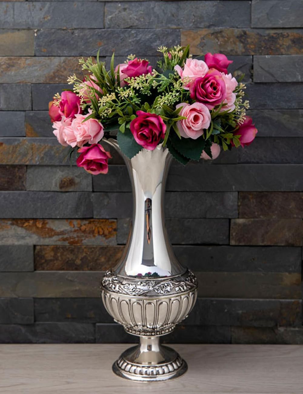 Decorative Vase, Elegant Metal Vase with Silver Finish for Artificial & Dried Flowers, Modern Table Centerpiece for Home & Weddings, 12''/30.6cm Tall