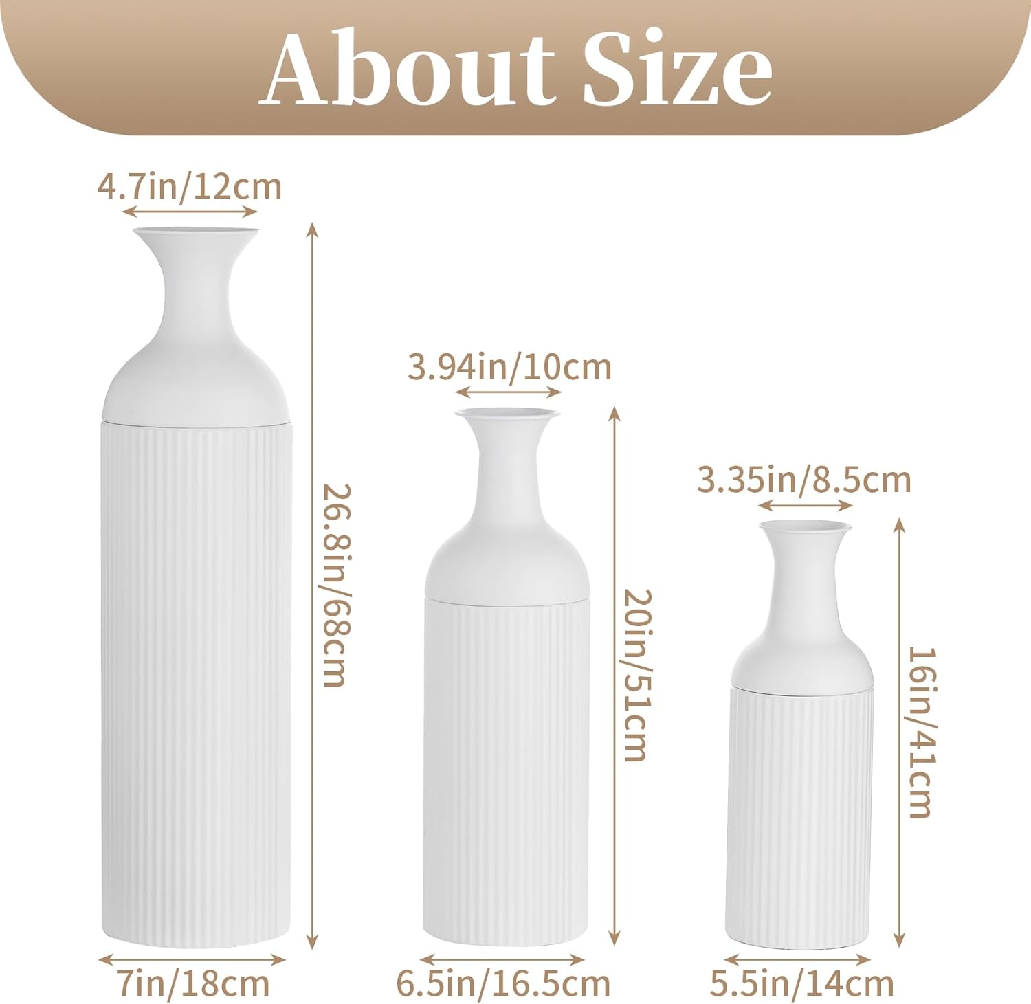 Sziqiqi White Tall Floor Vase: Large Ribbed Metal Vases 27/20/16in for Living Room, Modern for Pampas Grass, Oversized Standing Vase for Fireplace, Home Corner, Hallway, Office