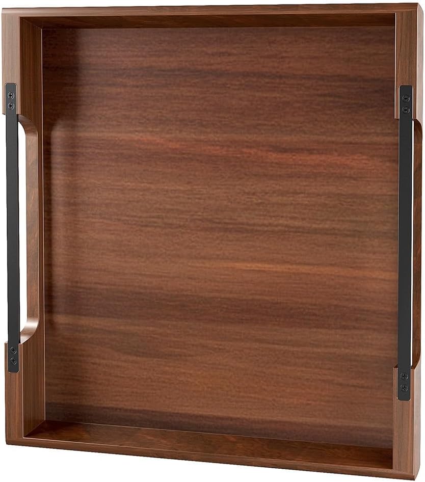 Large Ottoman Tray: 20" Square Acacia Wood Serving Tray with Unique Metal Handles – Extra Large Decorative Tray for Coffee Table, Breakfast in Bed, Charcuterie, Kitchen, Living Room & Party