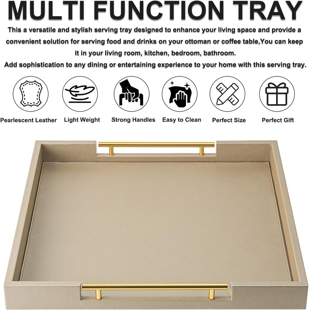 Champagne Faux Leather Serving Tray with Handles,20x20inches, Large Decorative Tray for Ottoman Coffee Table Decor Living Room, Kitchen, Bathroom