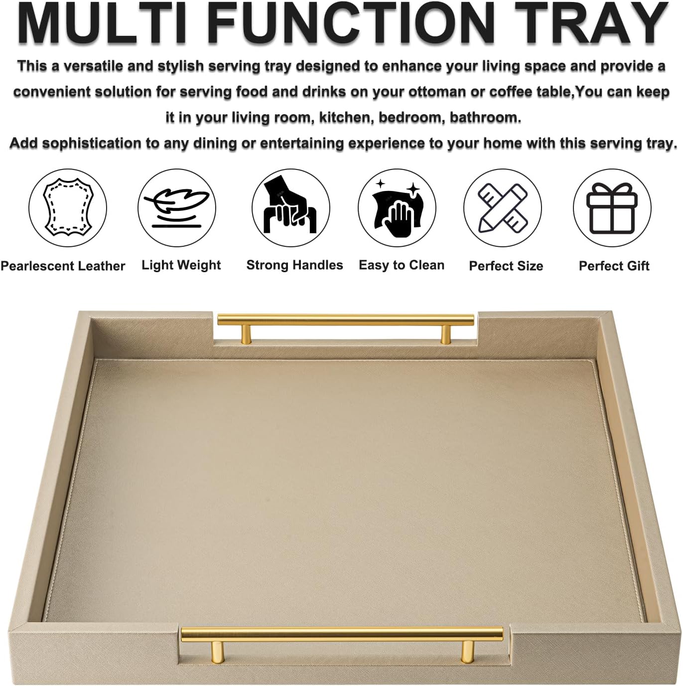Champagne Faux Leather Serving Tray with Handles,20x20inches, Large Decorative Tray for Ottoman Coffee Table Decor Living Room, Kitchen, Bathroom