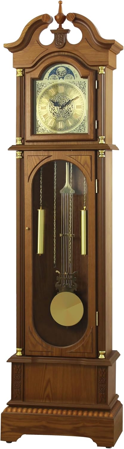 Traditional Floor Standing Oak Grandfather Clock, 72-inch, Westminster Chime, Metal Lyre Pendulum, Roman Numerals, Battery Powered, 71.6" H x 19.2" W x 8.6" D
