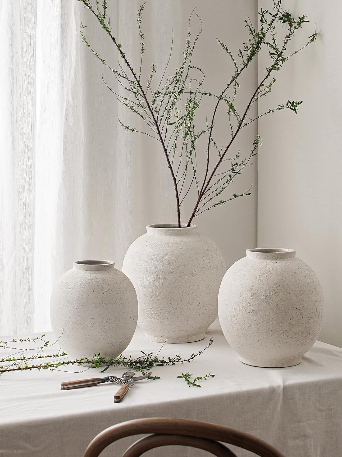 White Ceramic Vase - Large 12.5 Inch Round Floor Vase for Centerpieces, Farmhouse Rustic Minimalist Home Decor (Sandstone White)