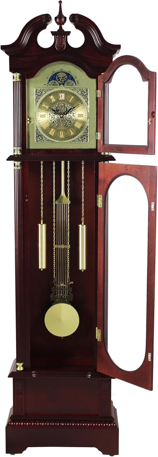 Traditional Floor Standing Grandfather Clock, 72 Inch, Cherry Finish, Metal Moon Dial, Westminster Chime, 71.6" H x 19.2" W x 8.6" D, Battery Powered