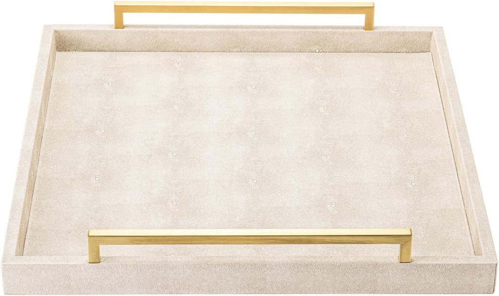 Large Ottoman Tray for Coffee Table,Square Shagreen Leather Decorative Tray with Gold Handles for Living Room Decor