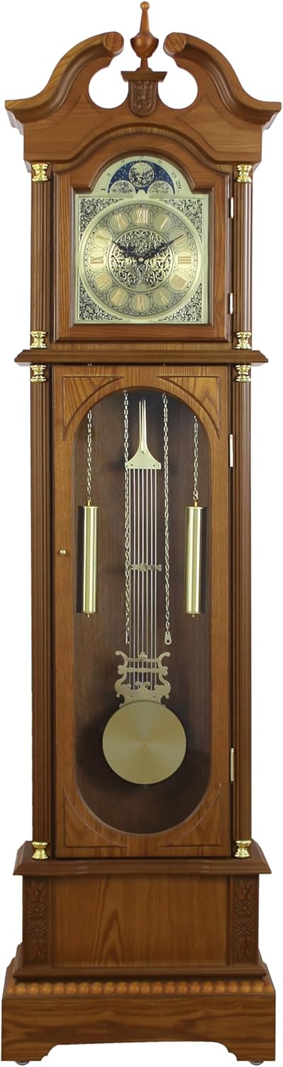 Traditional Floor Standing Oak Grandfather Clock, 72-inch, Westminster Chime, Metal Lyre Pendulum, Roman Numerals, Battery Powered, 71.6" H x 19.2" W x 8.6" D