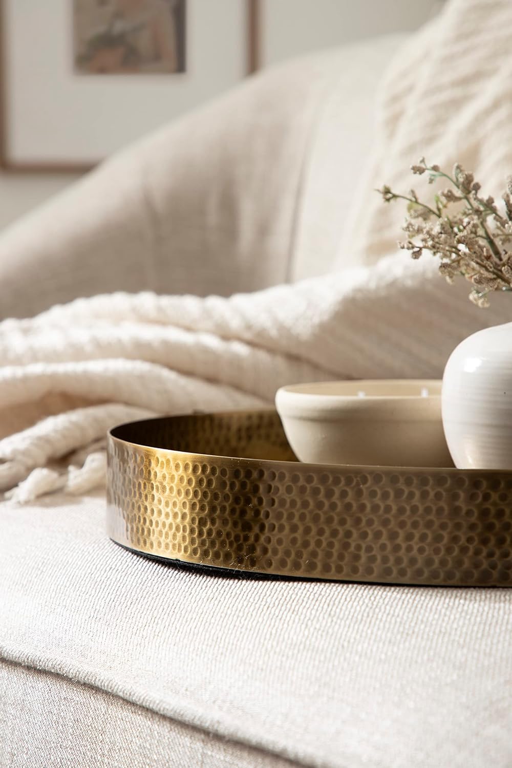 Kate and Laurel Samana Modern Glam Round Metal Tray; 17 Inch Diameter; Antique Brass; Circular Polished Decorative Tray with Hammered Surface and Minimalist Handles