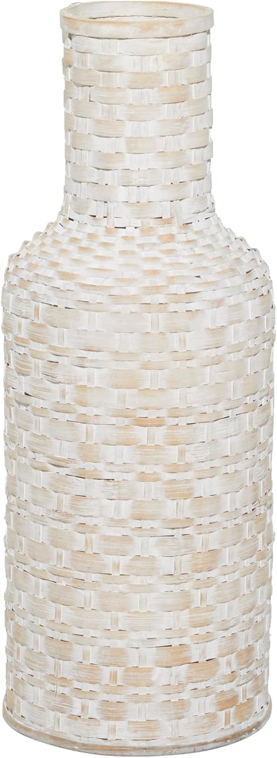 Deco 79 Bamboo Wood Decorative Vase Tall Woven Floor Centerpiece Vase, Vase for Home Decoration 9" x 9" x 30", White