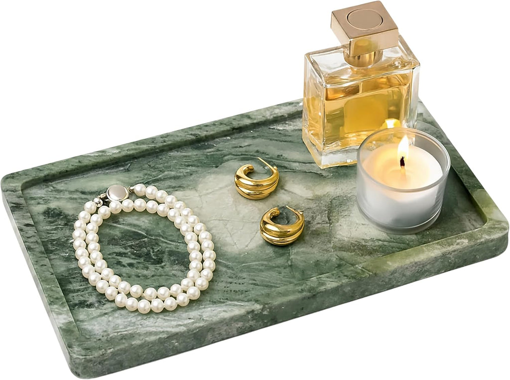 Green Marble Tray – 12" x 6.5" Decorative Vanity Tray for Bathroom, Countertop, Jewelry, Candles, Kitchen | Natural Stone Organizer for Makeup, Perfume, Skincare & Home Décor