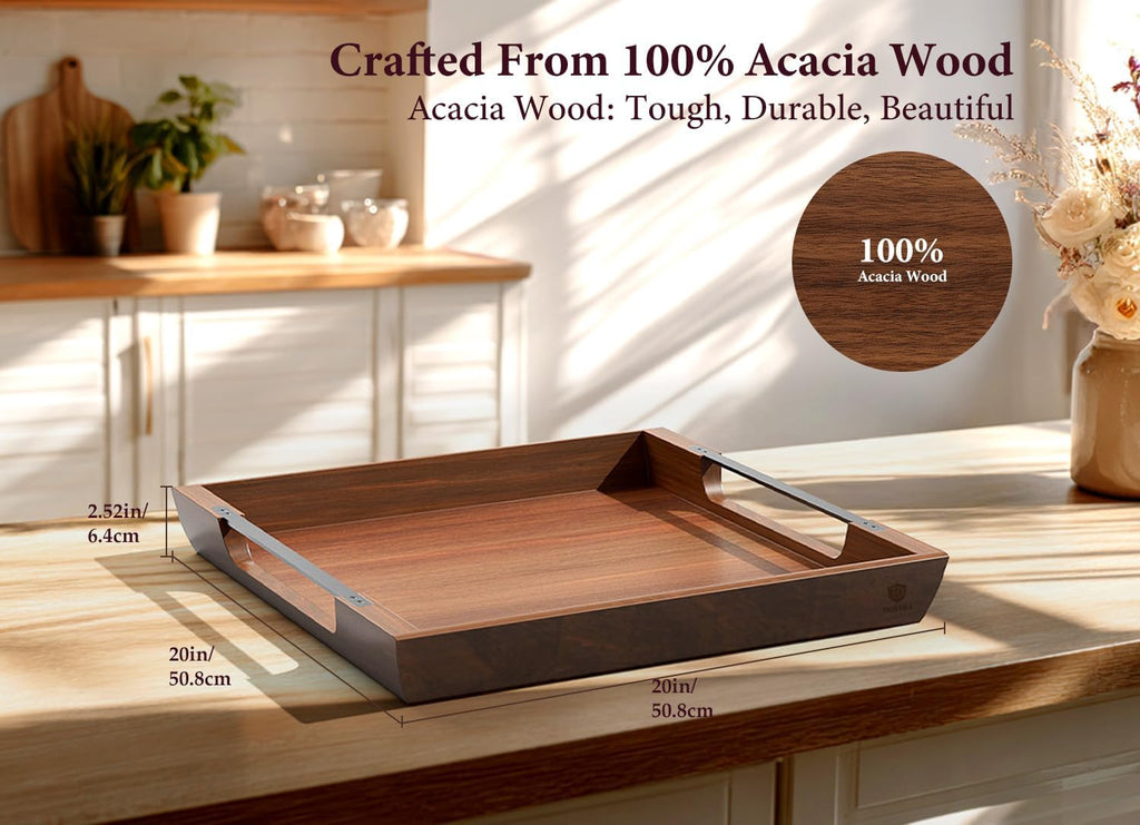 Large Ottoman Tray: 20" Square Acacia Wood Serving Tray with Unique Metal Handles – Extra Large Decorative Tray for Coffee Table, Breakfast in Bed, Charcuterie, Kitchen, Living Room & Party