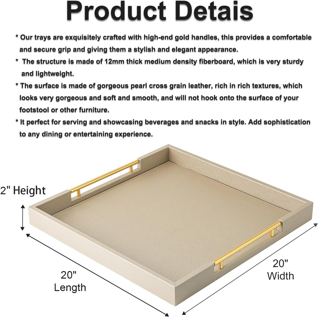 Champagne Faux Leather Serving Tray with Handles,20x20inches, Large Decorative Tray for Ottoman Coffee Table Decor Living Room, Kitchen, Bathroom