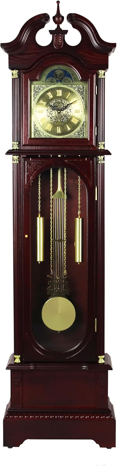 Traditional Floor Standing Grandfather Clock, 72 Inch, Cherry Finish, Metal Moon Dial, Westminster Chime, 71.6" H x 19.2" W x 8.6" D, Battery Powered