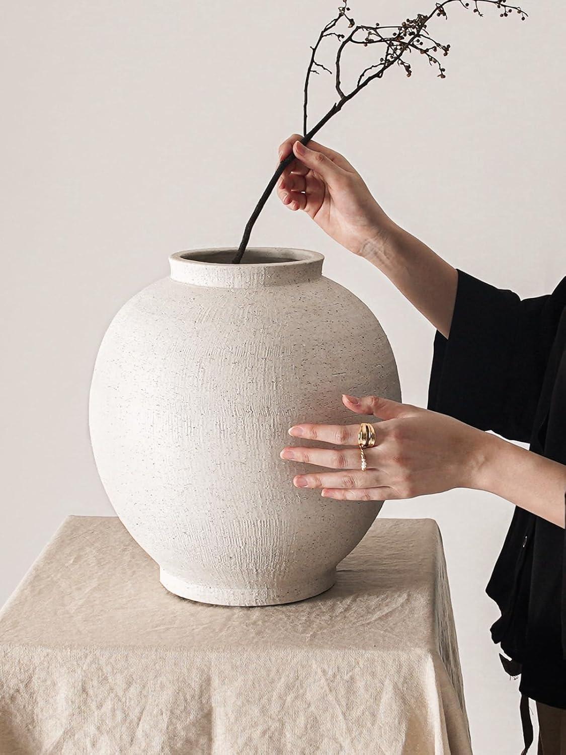 White Ceramic Vase - Large 12.5 Inch Round Floor Vase for Centerpieces, Farmhouse Rustic Minimalist Home Decor (Sandstone White)