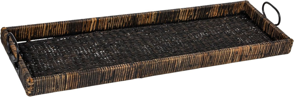 Creative Co-Op Oversize Decorative Rattan Tray with Metal Handles, Tan, Whitewashed