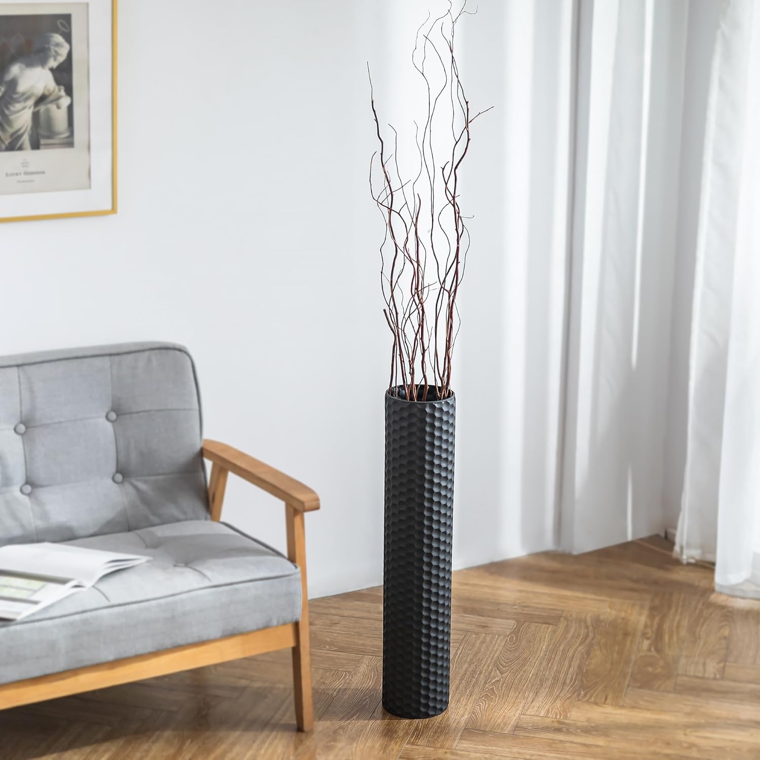 Sziqiqi Black Tall Floor Vase: 27.6in Metal Modern Cylinder Floor Vases for Fireplace with Honeycomb Texture - Set of 2 Large Decorative Vase Home Decor for Living Room Bedroom Home Corner Indoor