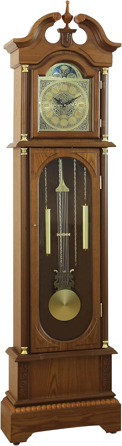 Traditional Floor Standing Oak Grandfather Clock, 72-inch, Westminster Chime, Metal Lyre Pendulum, Roman Numerals, Battery Powered, 71.6" H x 19.2" W x 8.6" D