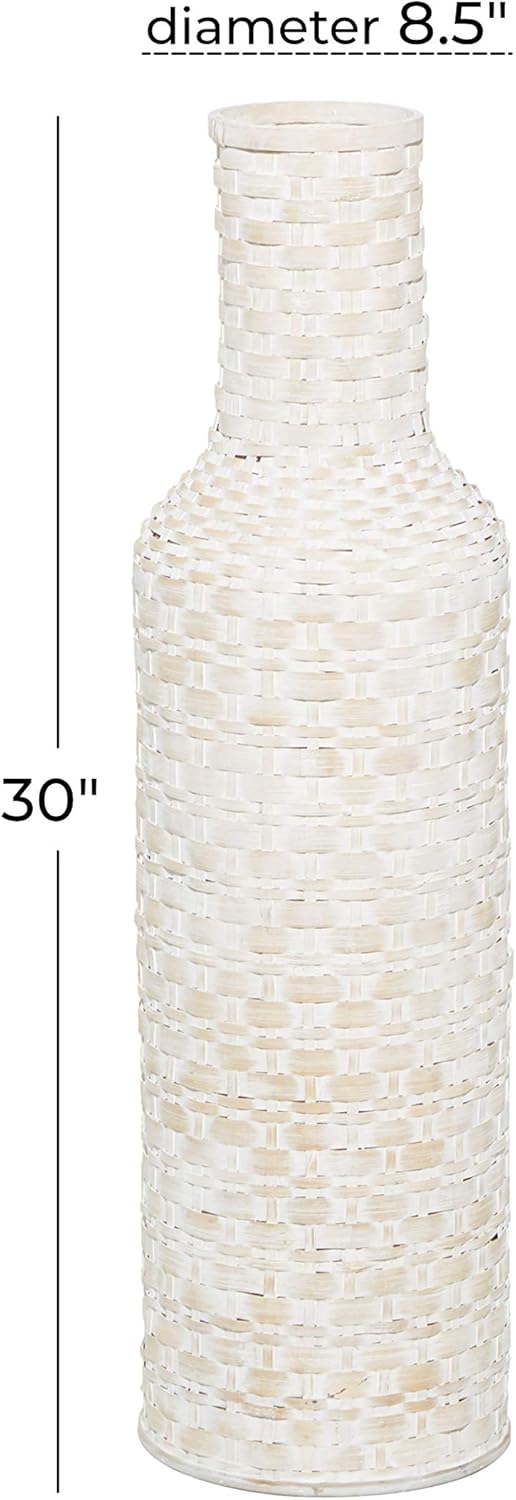 Deco 79 Bamboo Wood Decorative Vase Tall Woven Floor Centerpiece Vase, Vase for Home Decoration 9" x 9" x 30", White