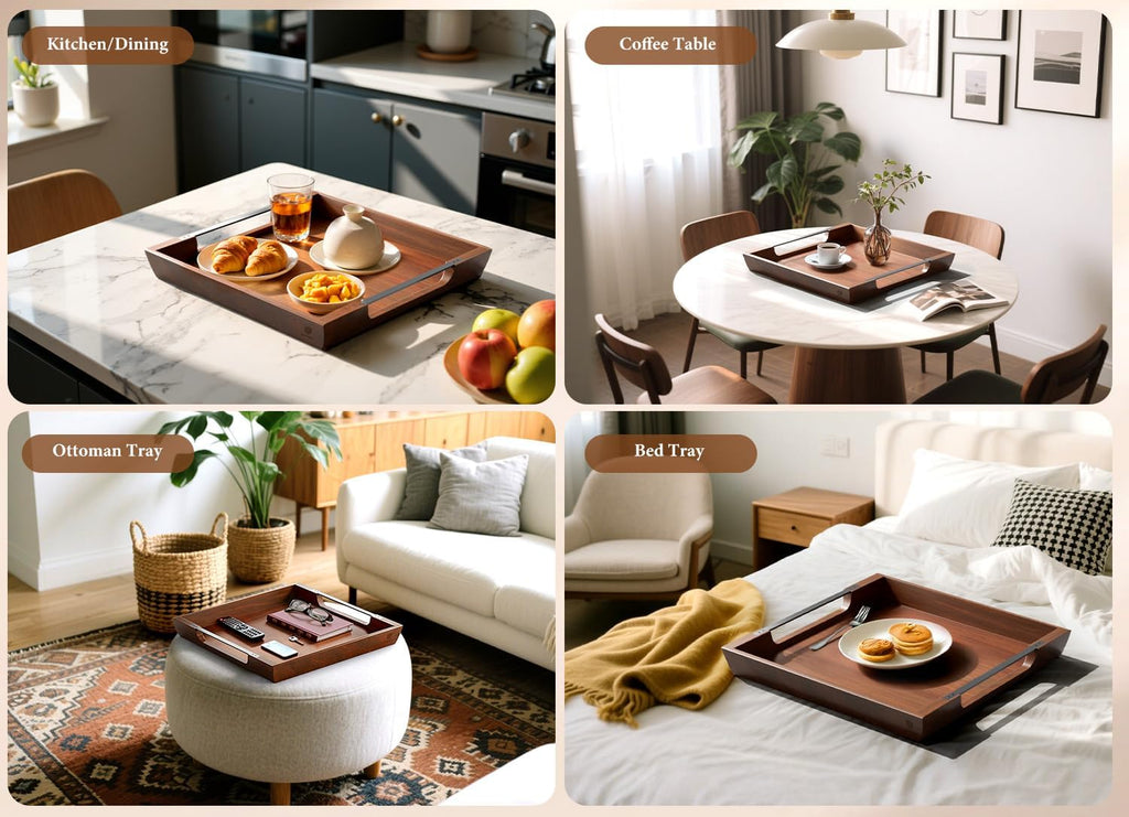 Large Ottoman Tray: 20" Square Acacia Wood Serving Tray with Unique Metal Handles – Extra Large Decorative Tray for Coffee Table, Breakfast in Bed, Charcuterie, Kitchen, Living Room & Party