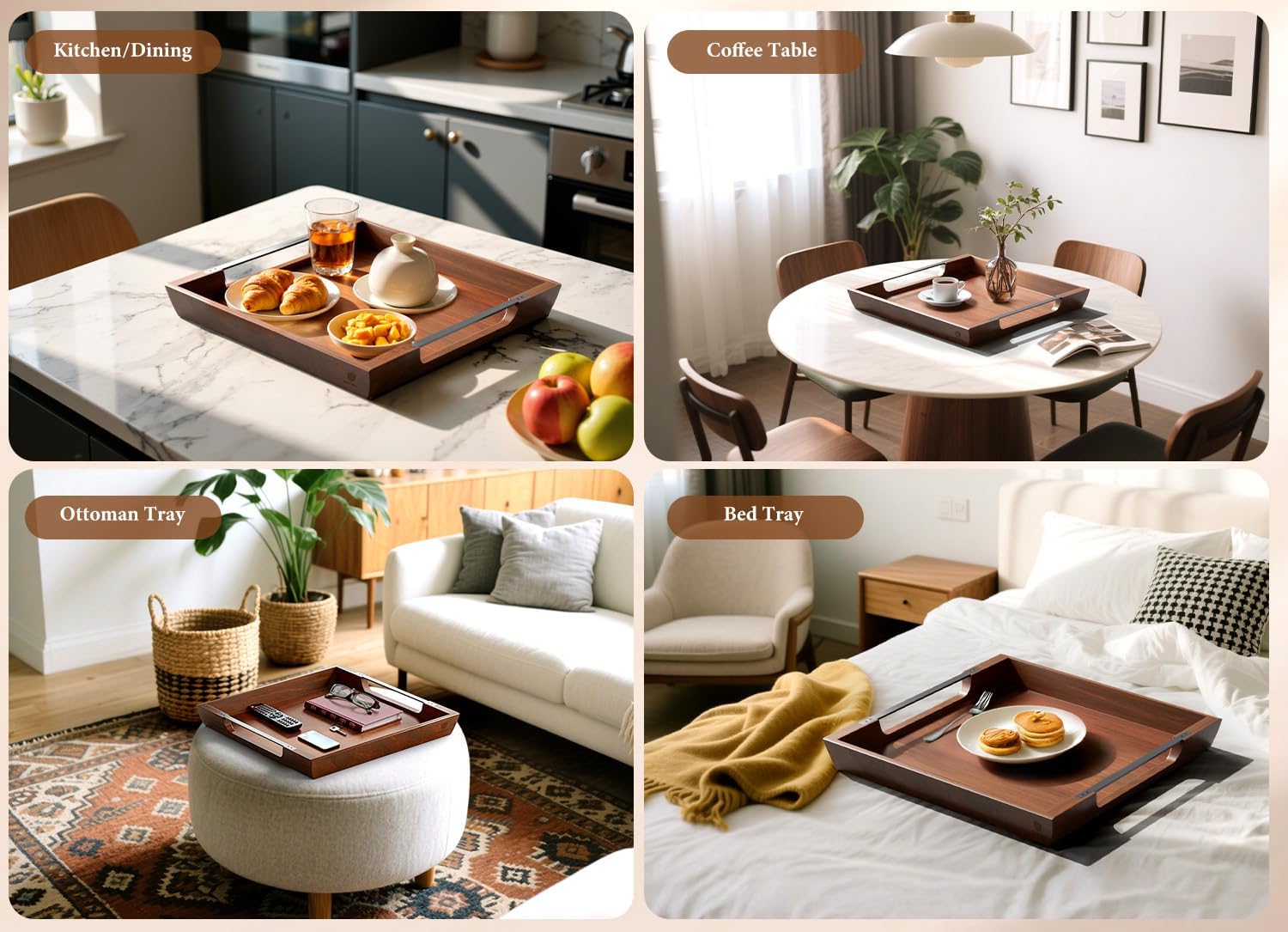 Large Ottoman Tray: 20" Square Acacia Wood Serving Tray with Unique Metal Handles – Extra Large Decorative Tray for Coffee Table, Breakfast in Bed, Charcuterie, Kitchen, Living Room & Party