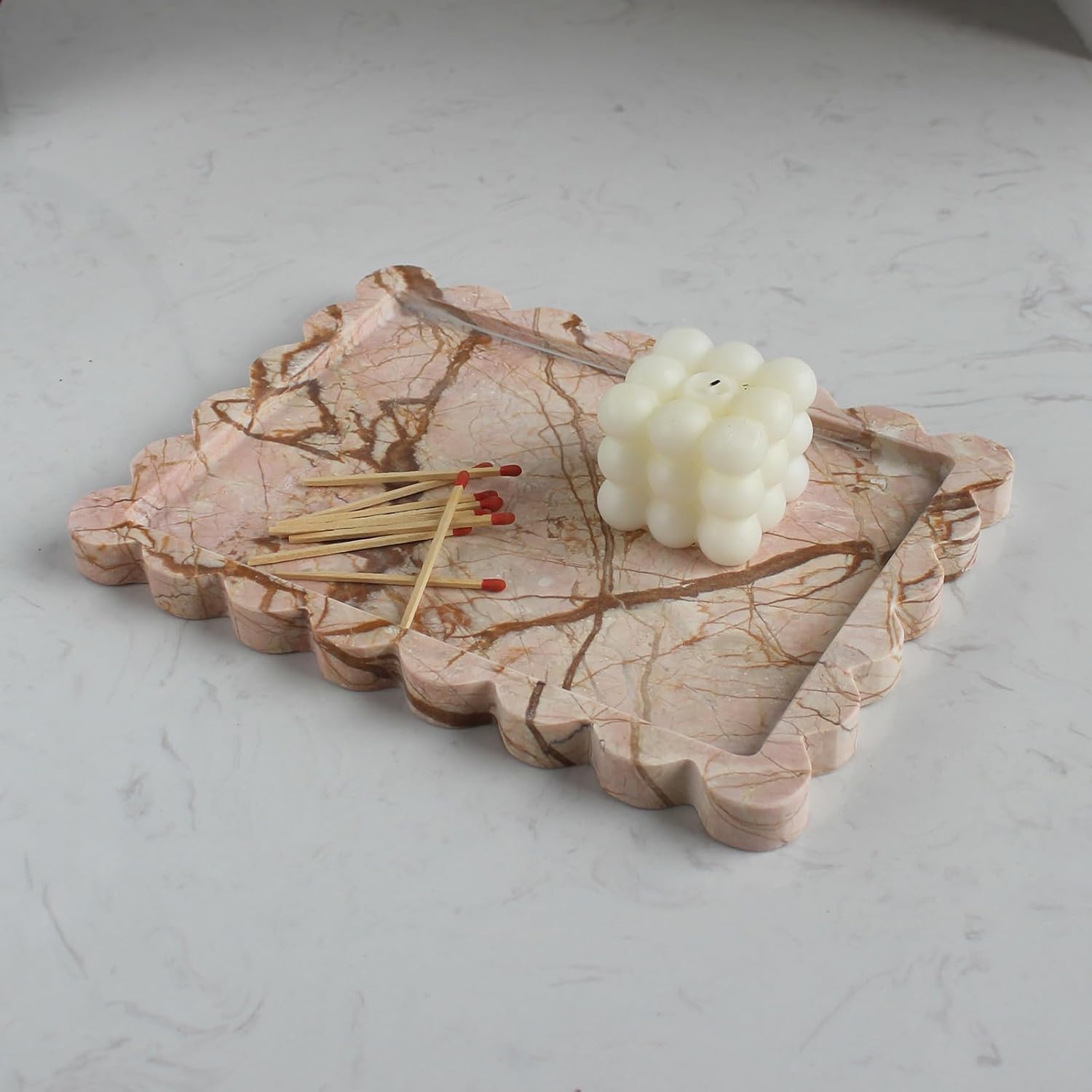 Natural Luxury Scalloped Marble Tray 10.8"x8", Rectangle Vanity Tray for Bathroom Kitchen Counter, Decorative Tray for Dresser Home Decor (calacutta Purple)