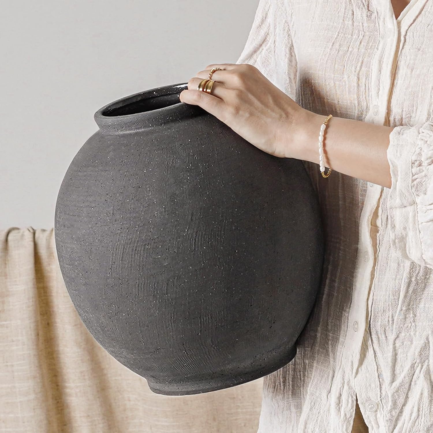 White Ceramic Vase - Large 12.5 Inch Round Floor Vase for Centerpieces, Farmhouse Rustic Minimalist Home Decor (Sandstone White)