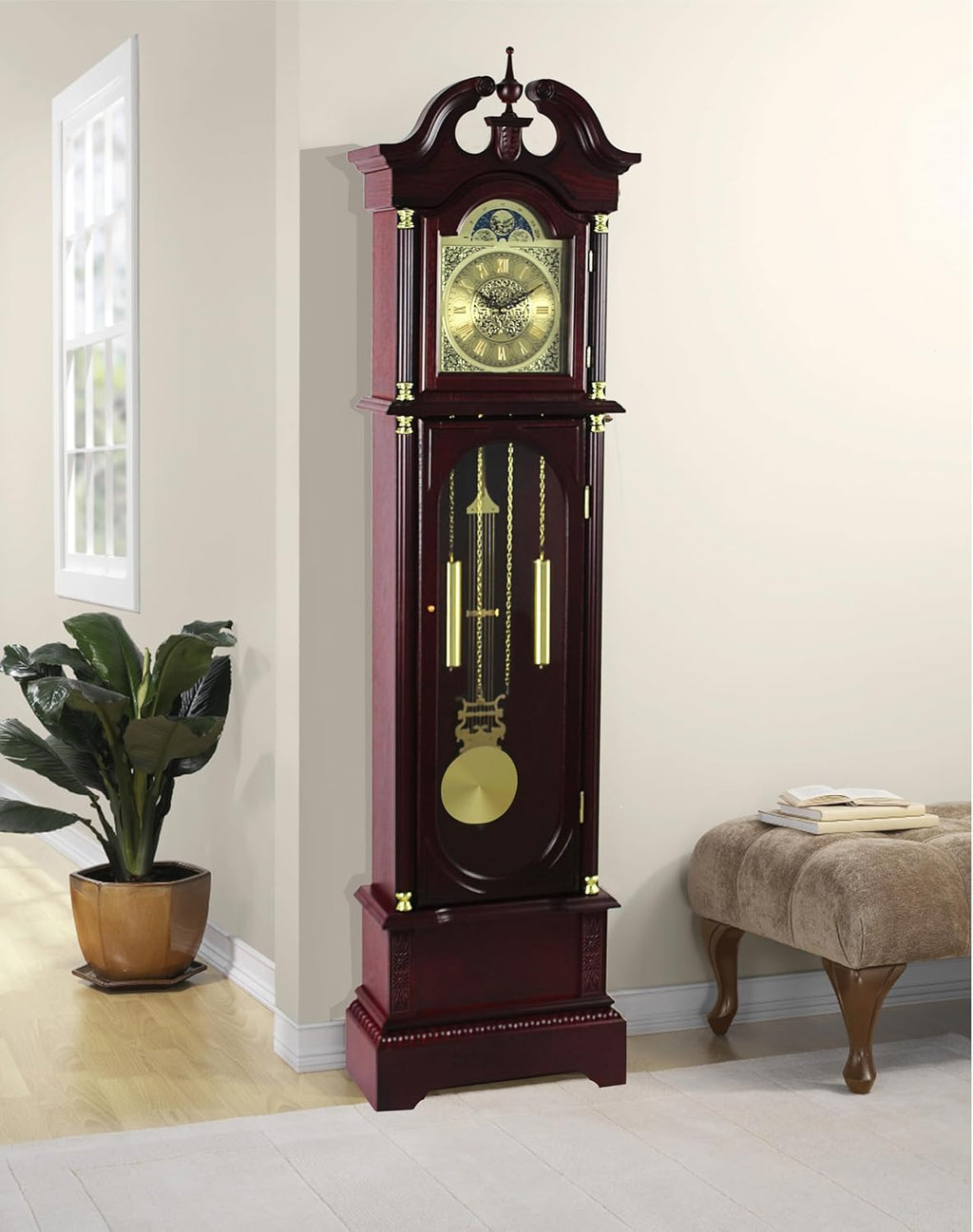 Traditional Floor Standing Grandfather Clock, 72 Inch, Cherry Finish, Metal Moon Dial, Westminster Chime, 71.6" H x 19.2" W x 8.6" D, Battery Powered