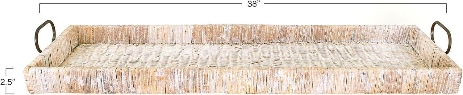 Creative Co-Op Oversize Decorative Rattan Tray with Metal Handles, Tan, Whitewashed