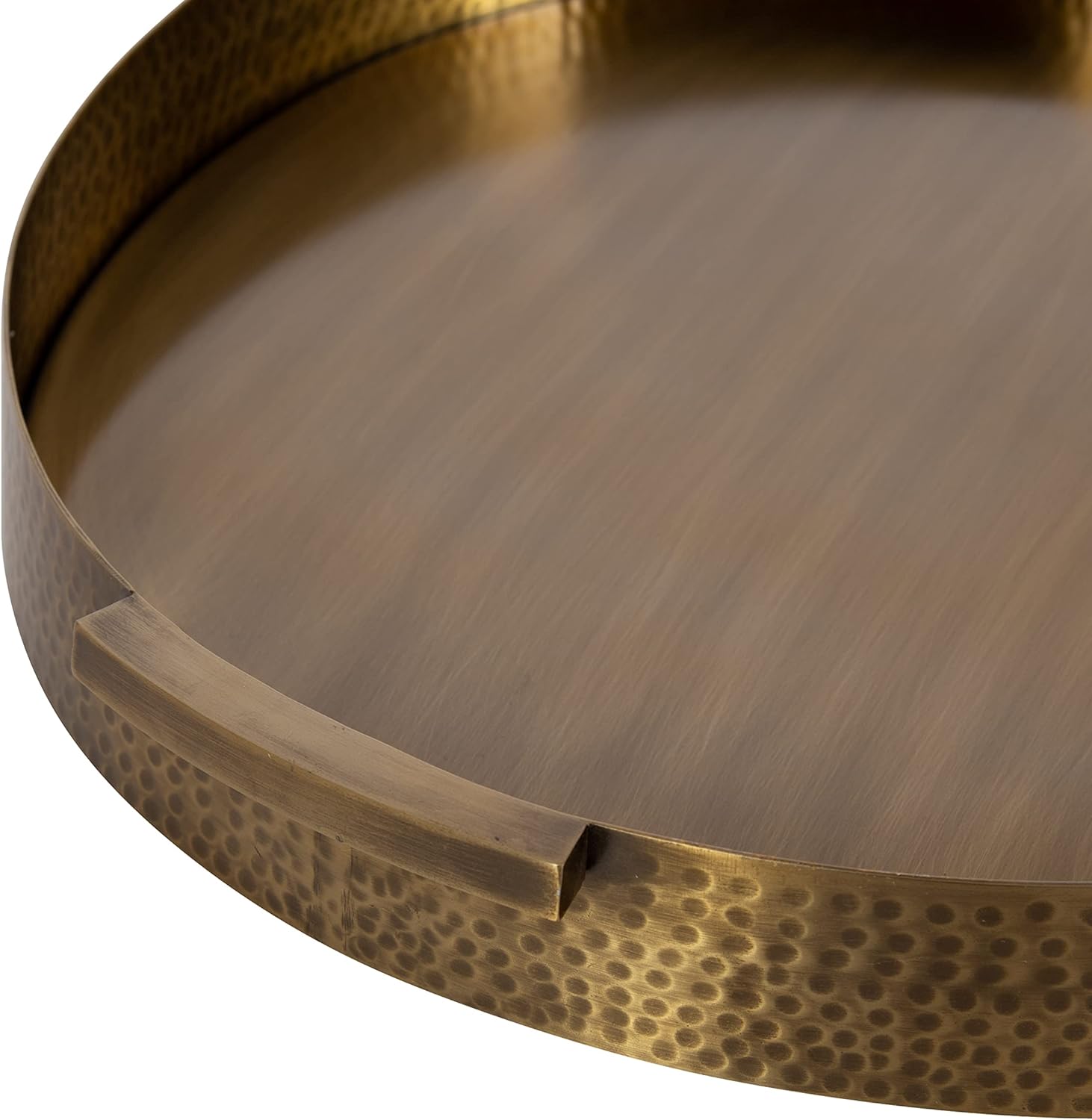Kate and Laurel Samana Modern Glam Round Metal Tray; 17 Inch Diameter; Antique Brass; Circular Polished Decorative Tray with Hammered Surface and Minimalist Handles