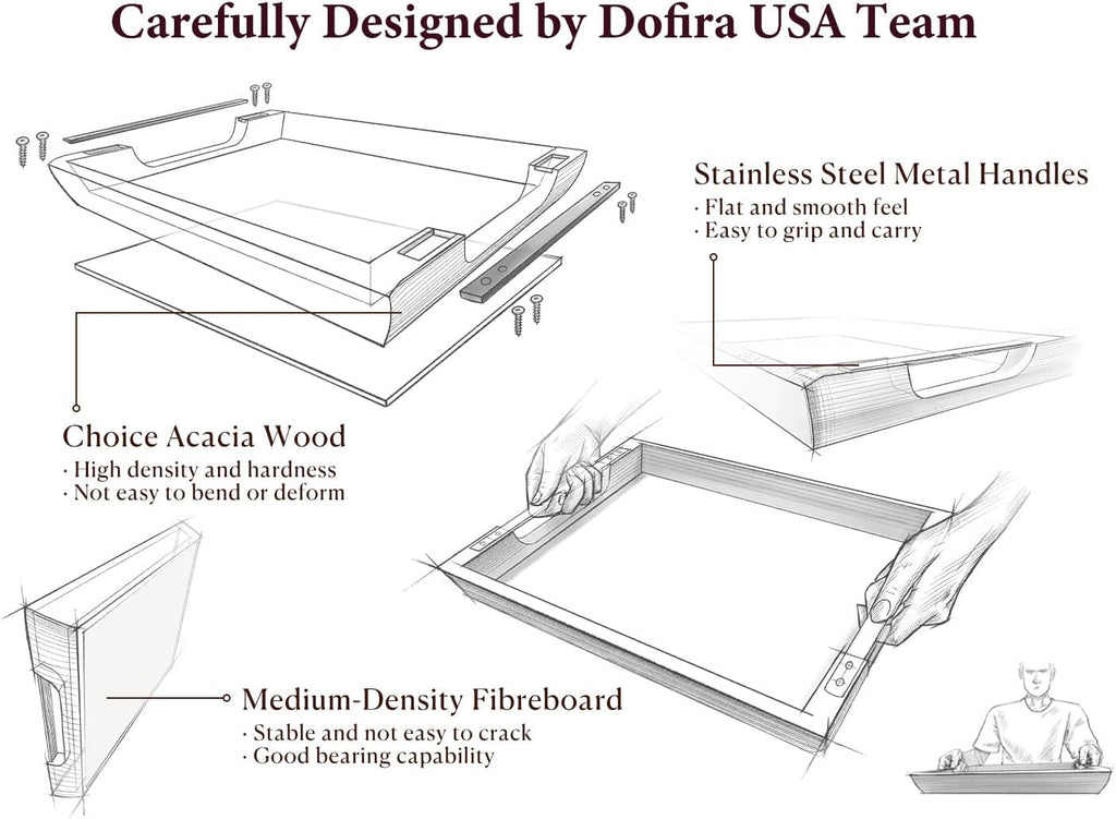 Large Ottoman Tray: 20" Square Acacia Wood Serving Tray with Unique Metal Handles – Extra Large Decorative Tray for Coffee Table, Breakfast in Bed, Charcuterie, Kitchen, Living Room & Party