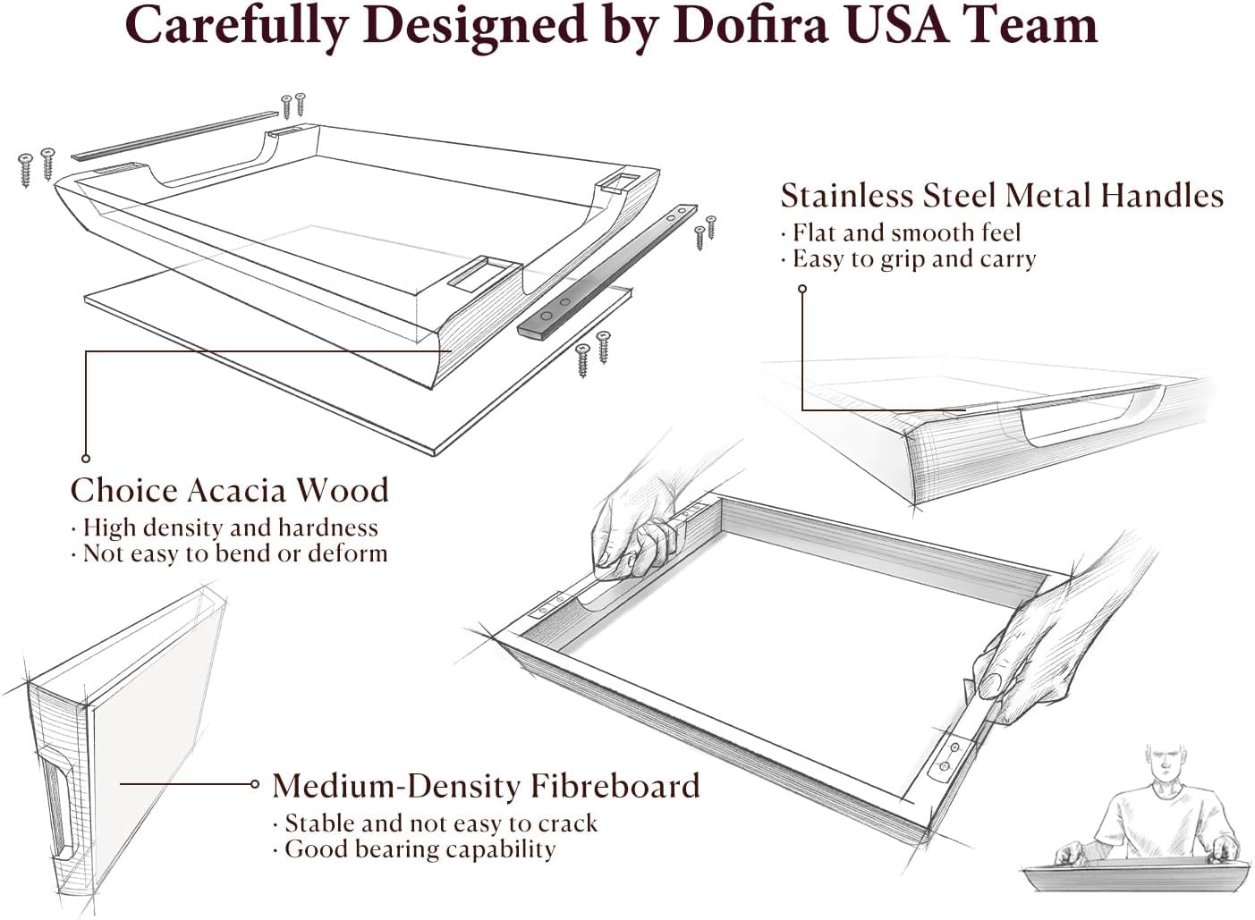 Large Ottoman Tray: 20" Square Acacia Wood Serving Tray with Unique Metal Handles – Extra Large Decorative Tray for Coffee Table, Breakfast in Bed, Charcuterie, Kitchen, Living Room & Party