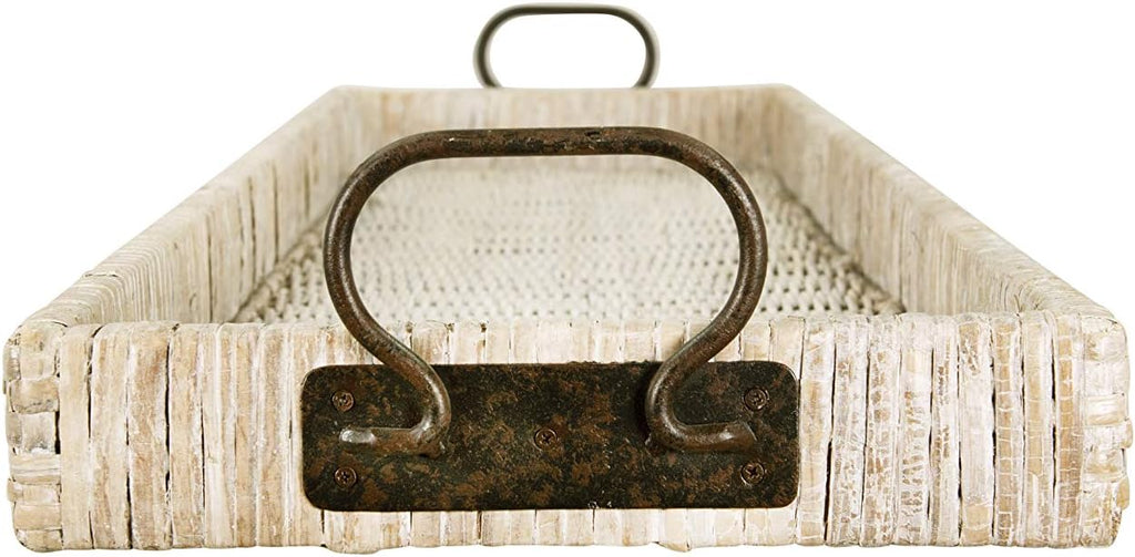 Creative Co-Op Oversize Decorative Rattan Tray with Metal Handles, Tan, Whitewashed