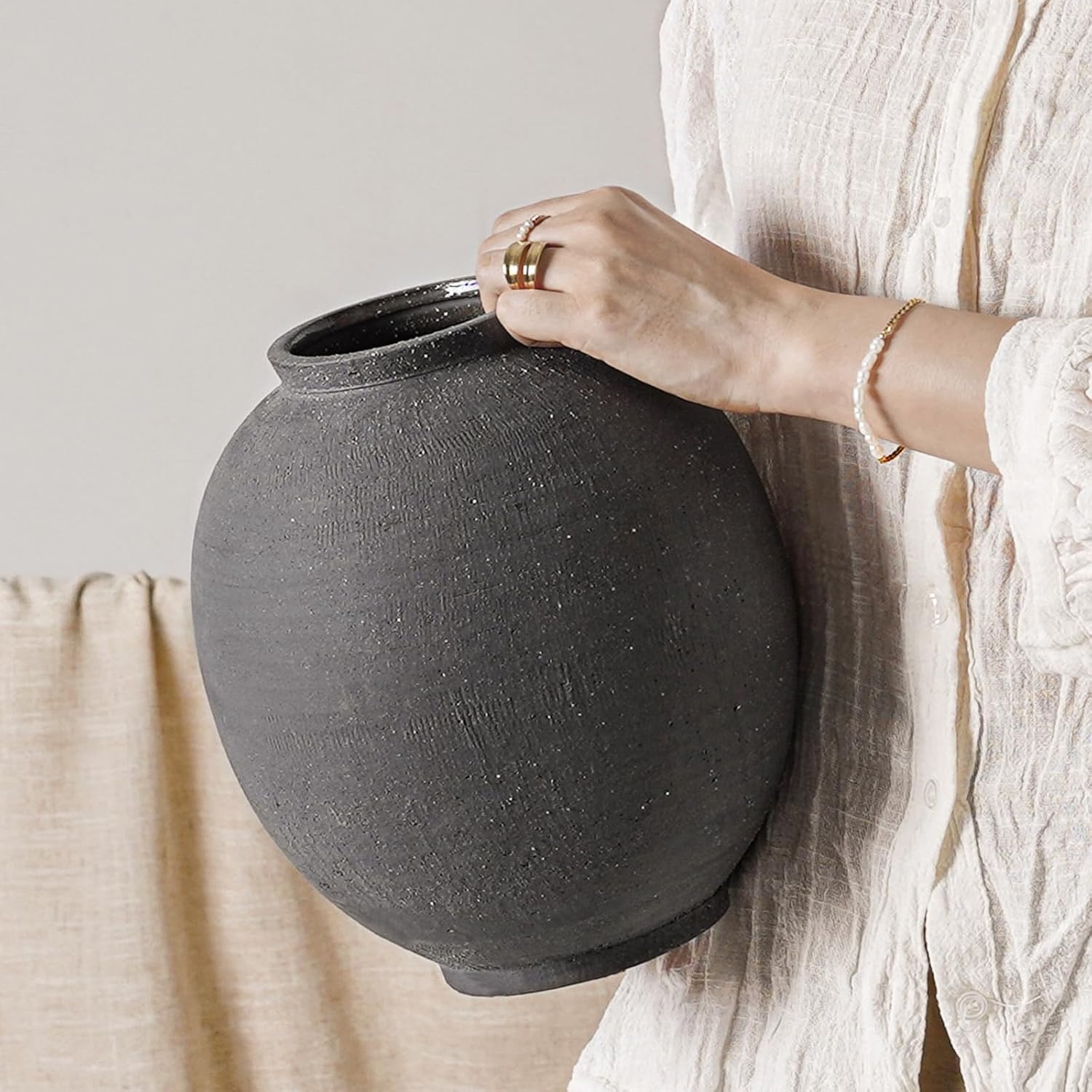 White Ceramic Vase - Large 12.5 Inch Round Floor Vase for Centerpieces, Farmhouse Rustic Minimalist Home Decor (Sandstone White)