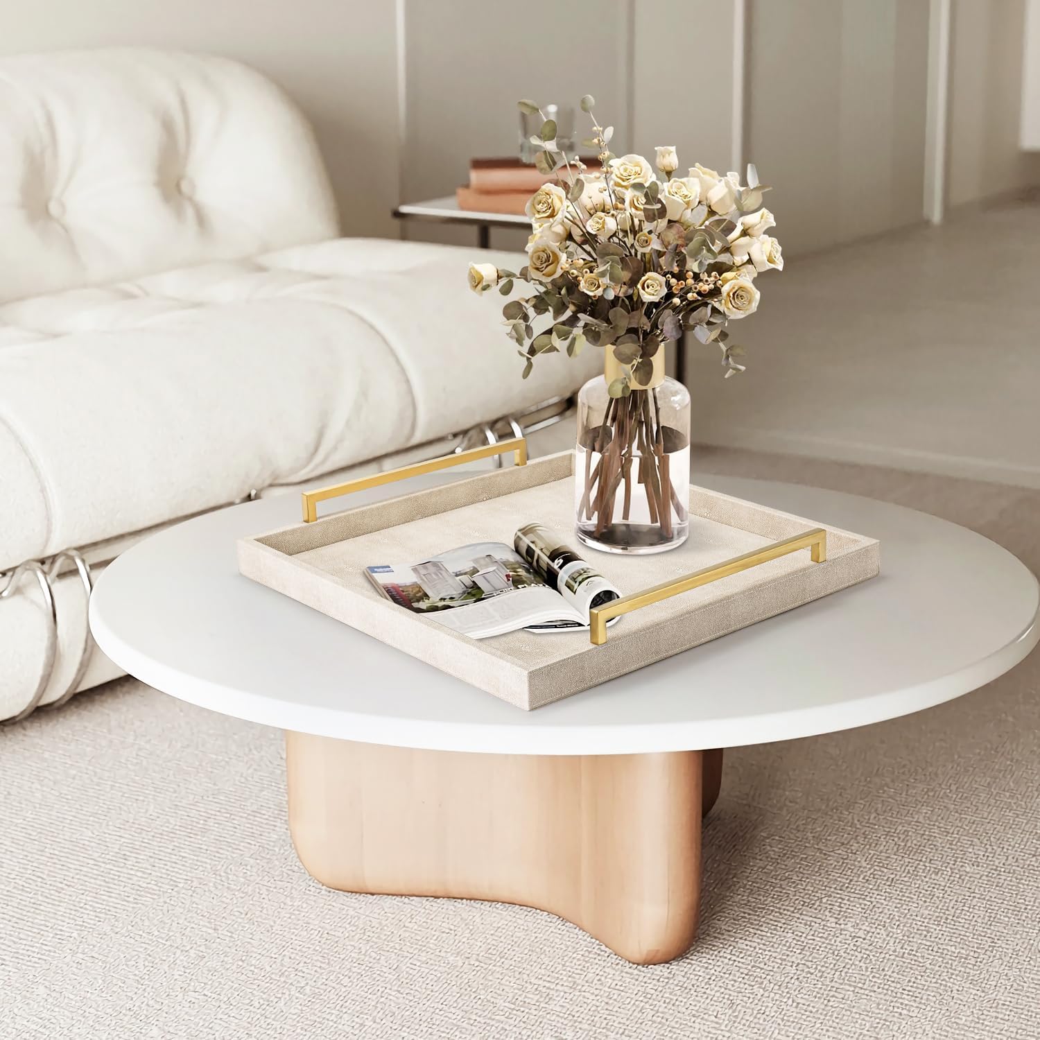 Large Ottoman Tray for Coffee Table,Square Shagreen Leather Decorative Tray with Gold Handles for Living Room Decor