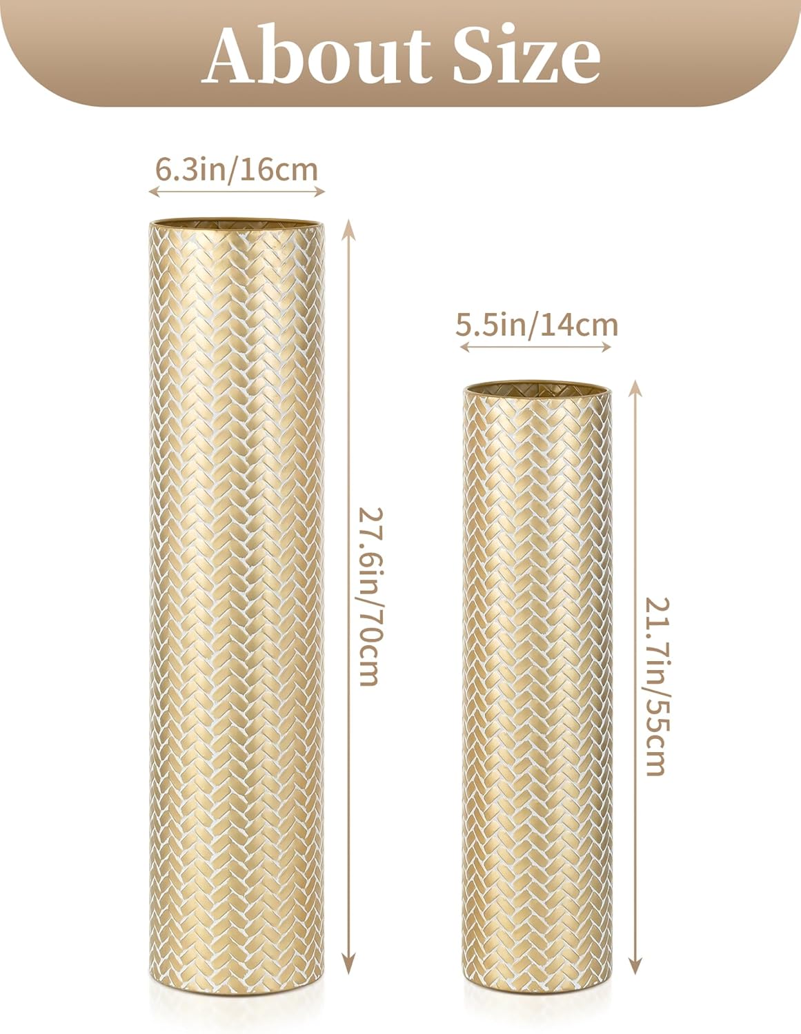 Sziqiqi Tall Gold Floor Vase: Set of 2 Woven Texture Metal Cylinder Vases Extra Large Decorative Standing Vase - 27.6/21.7in Vintage Vases Home Decor for Living Room Bedroom Home Corner Indoor Office