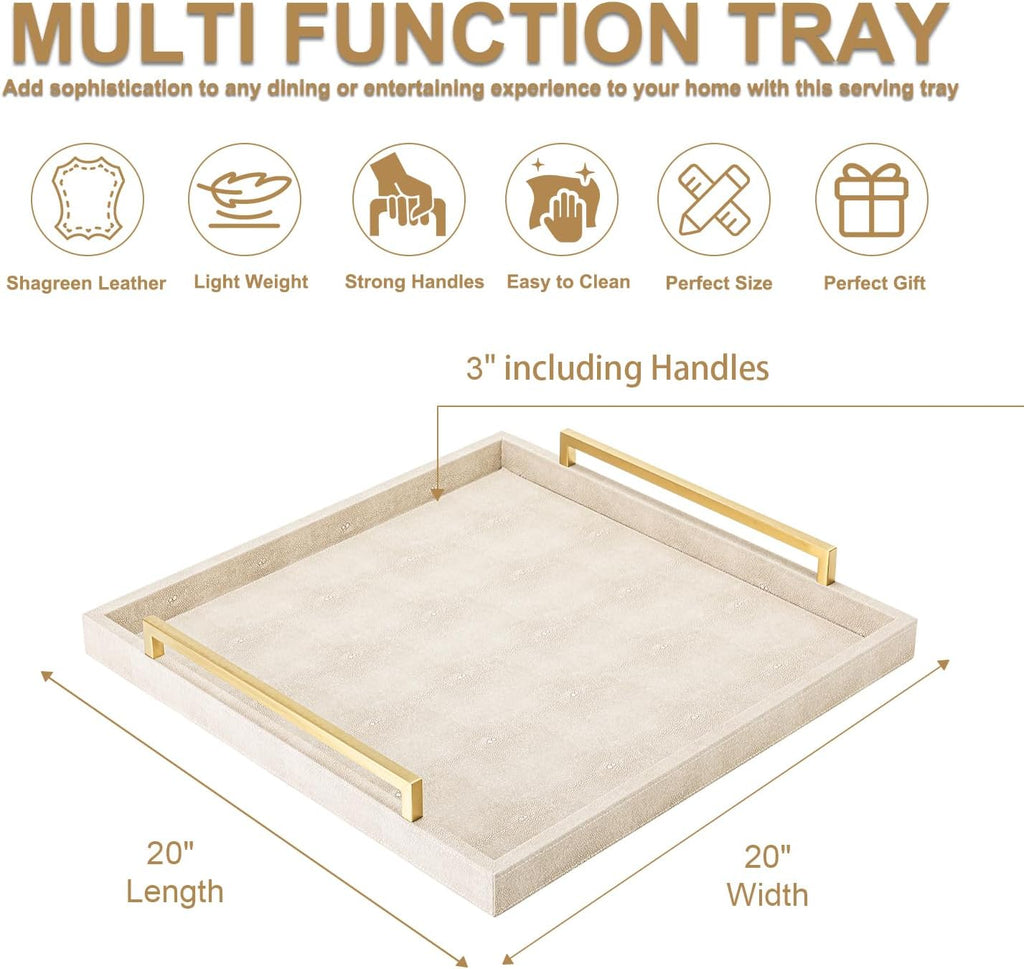 Large Ottoman Tray for Coffee Table,Square Shagreen Leather Decorative Tray with Gold Handles for Living Room Decor