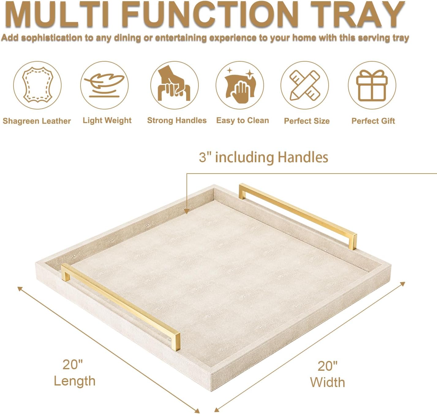 Large Ottoman Tray for Coffee Table,Square Shagreen Leather Decorative Tray with Gold Handles for Living Room Decor