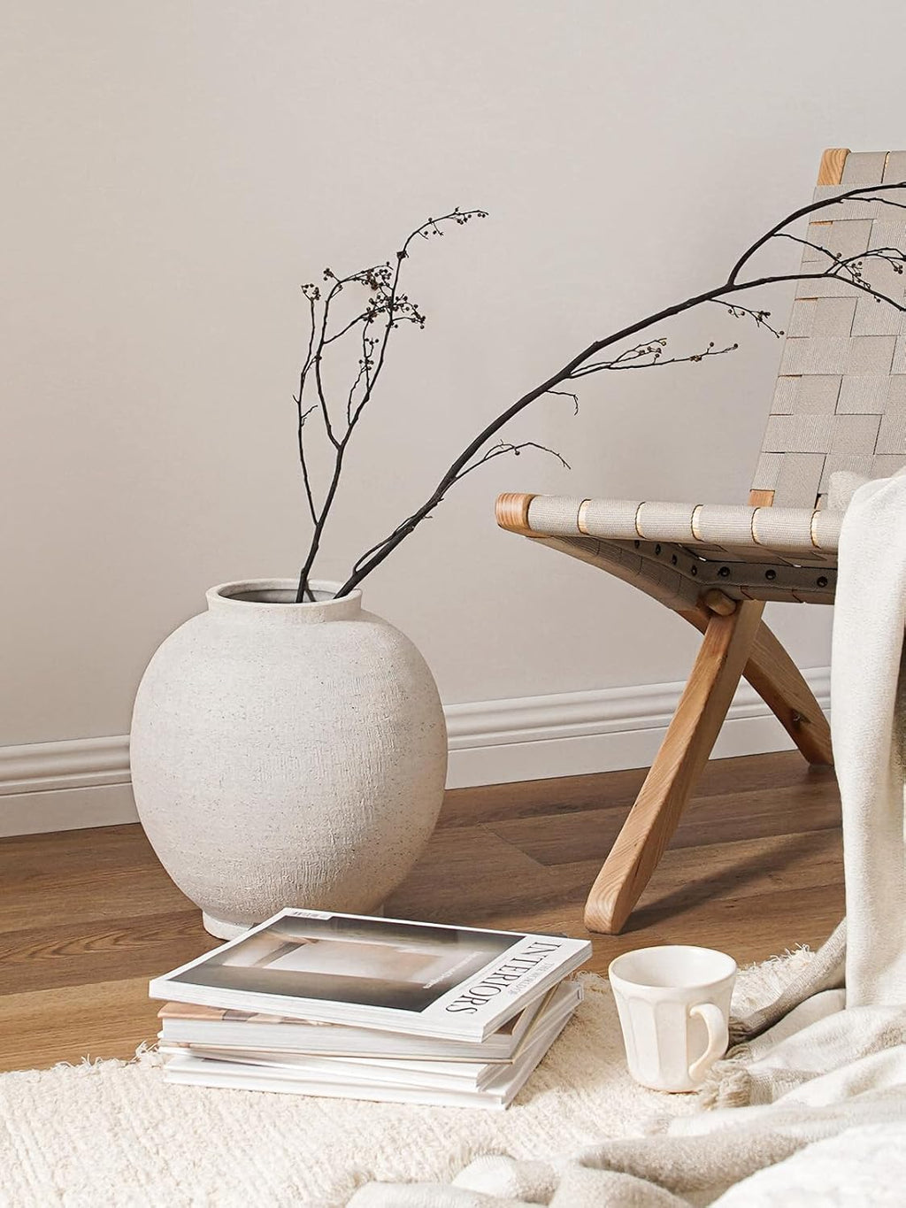 White Ceramic Vase - Large 12.5 Inch Round Floor Vase for Centerpieces, Farmhouse Rustic Minimalist Home Decor (Sandstone White)