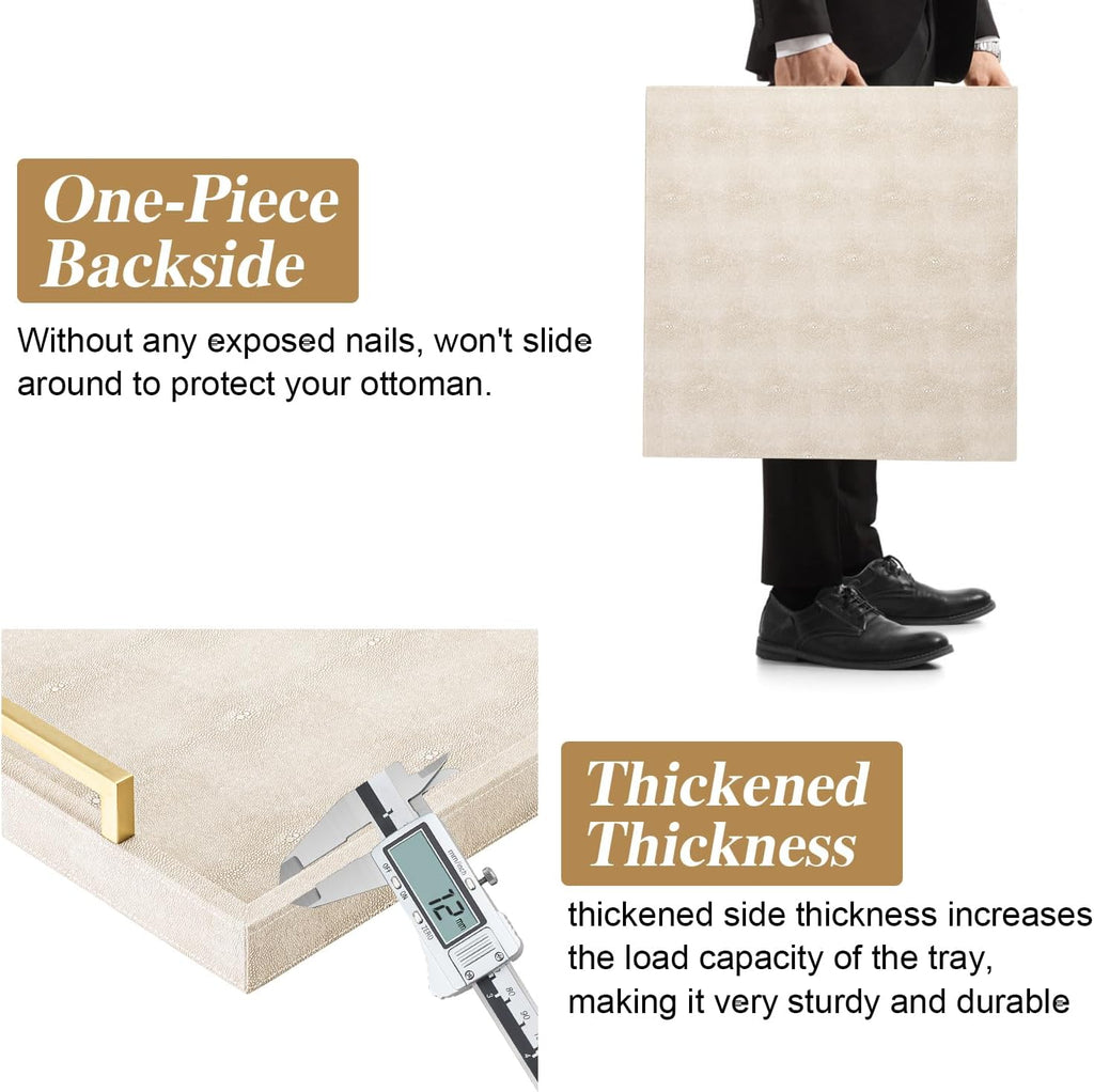 Large Ottoman Tray for Coffee Table,Square Shagreen Leather Decorative Tray with Gold Handles for Living Room Decor