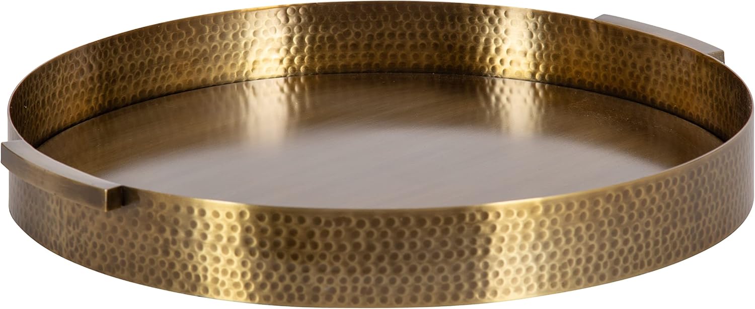 Kate and Laurel Samana Modern Glam Round Metal Tray; 17 Inch Diameter; Antique Brass; Circular Polished Decorative Tray with Hammered Surface and Minimalist Handles