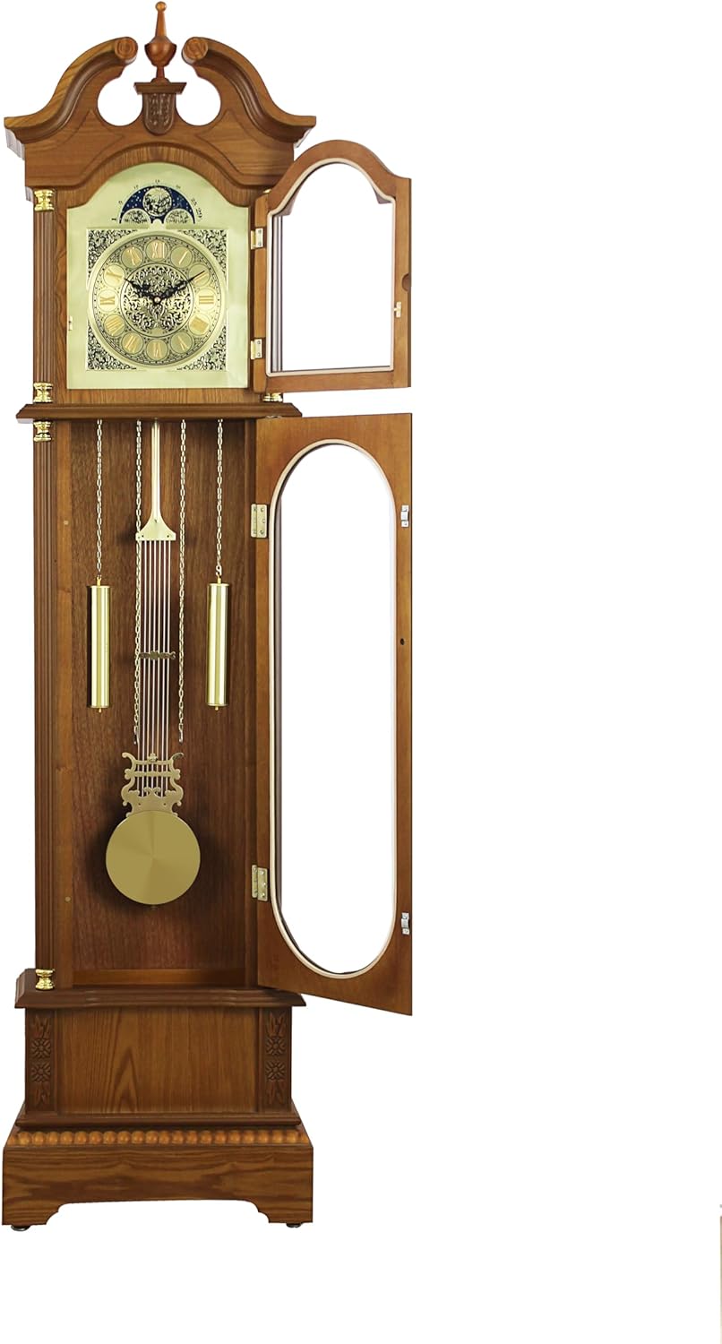 Traditional Floor Standing Oak Grandfather Clock, 72-inch, Westminster Chime, Metal Lyre Pendulum, Roman Numerals, Battery Powered, 71.6" H x 19.2" W x 8.6" D