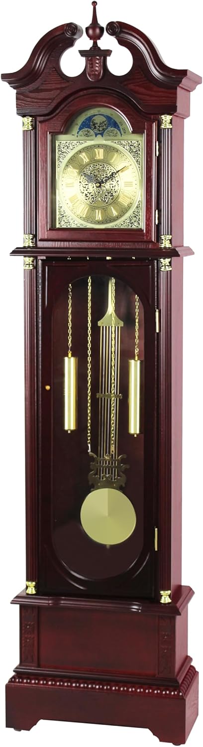 Traditional Floor Standing Grandfather Clock, 72 Inch, Cherry Finish, Metal Moon Dial, Westminster Chime, 71.6" H x 19.2" W x 8.6" D, Battery Powered