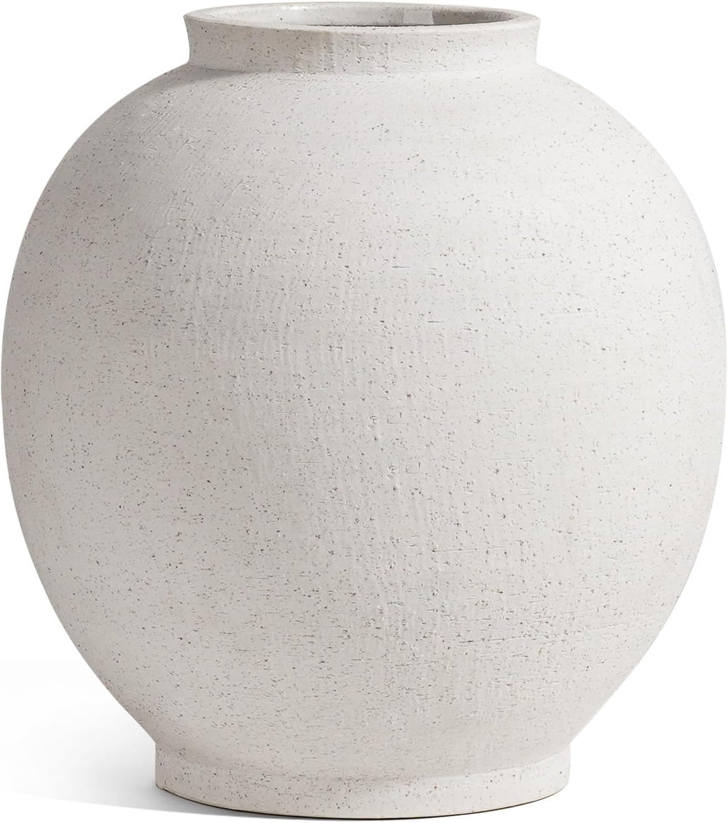 White Ceramic Vase - Large 12.5 Inch Round Floor Vase for Centerpieces, Farmhouse Rustic Minimalist Home Decor (Sandstone White)