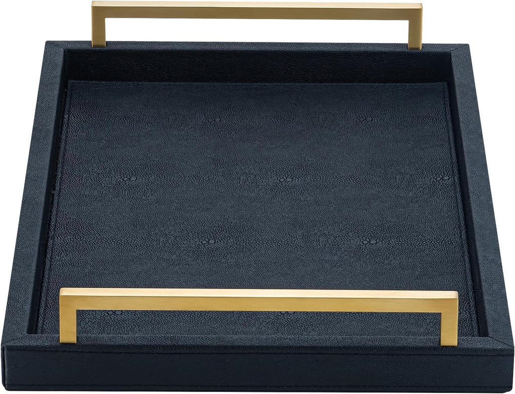 Large Ottoman Tray for Coffee Table,Square Shagreen Leather Decorative Tray with Gold Handles for Living Room Decor