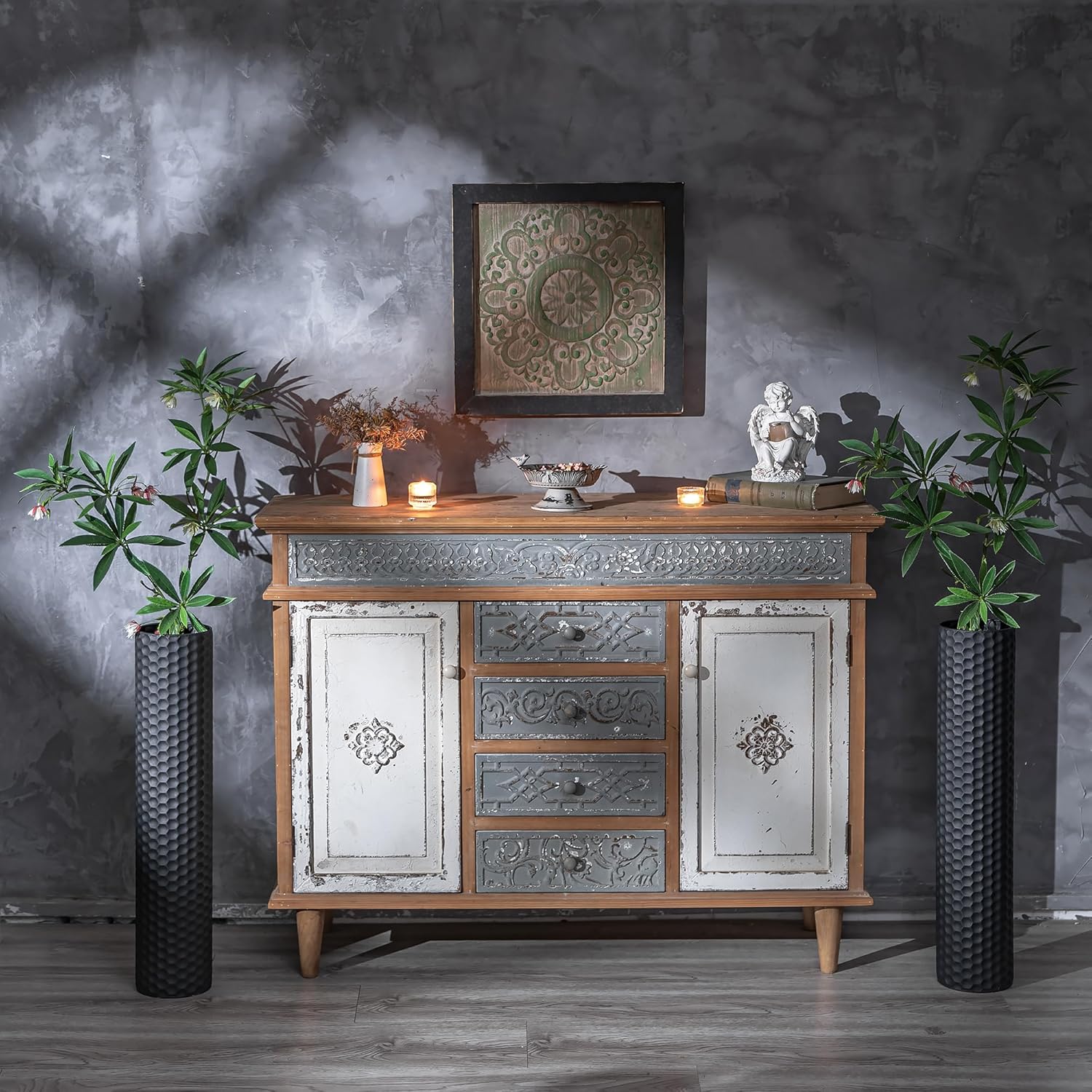 Sziqiqi Black Tall Floor Vase: 27.6in Metal Modern Cylinder Floor Vases for Fireplace with Honeycomb Texture - Set of 2 Large Decorative Vase Home Decor for Living Room Bedroom Home Corner Indoor