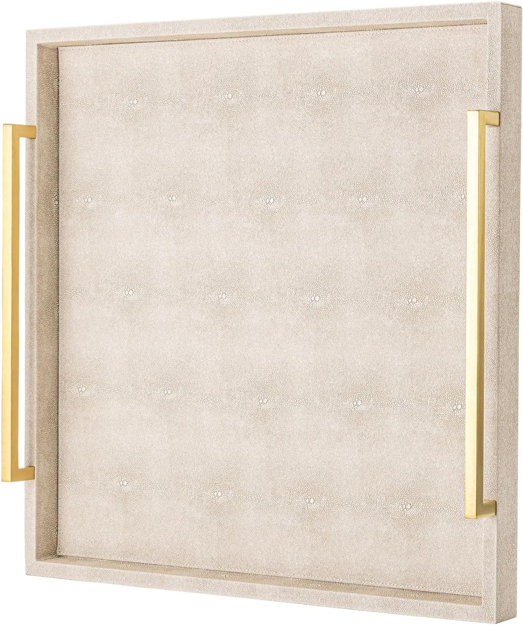 Large Ottoman Tray for Coffee Table,Square Shagreen Leather Decorative Tray with Gold Handles for Living Room Decor