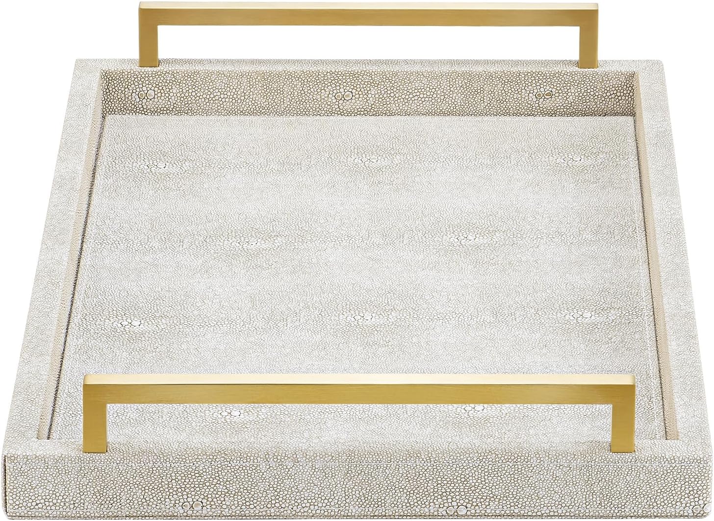 Large Ottoman Tray for Coffee Table,Square Shagreen Leather Decorative Tray with Gold Handles for Living Room Decor